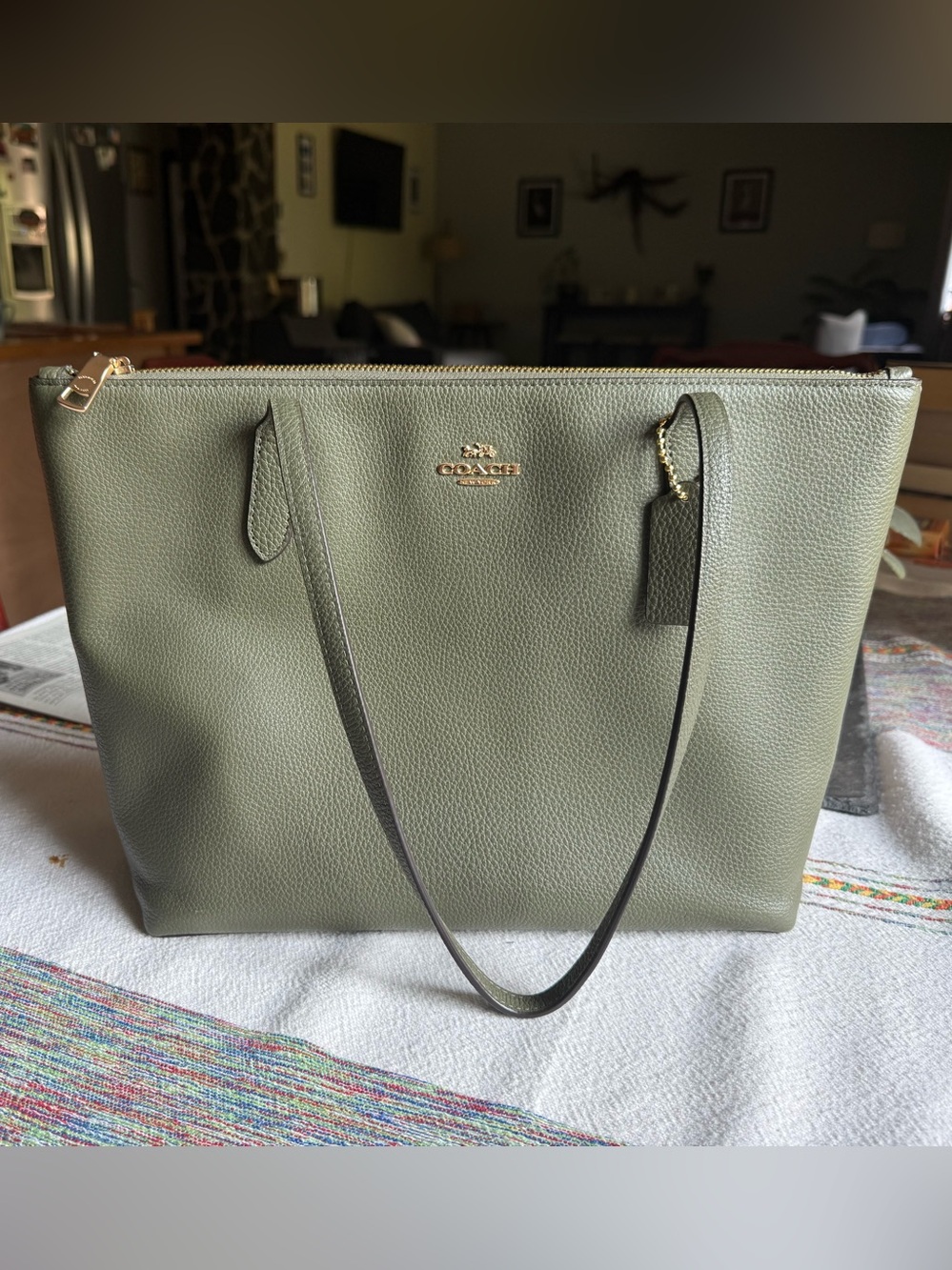 Coach military green Pebbled Leather Tote with Gold Hardware